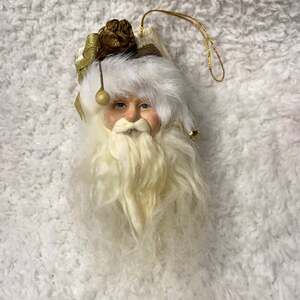 Vintage 6" Tall White Curly Faux Fur Beard & Fuzzy Hat Santa Christmas Ornament